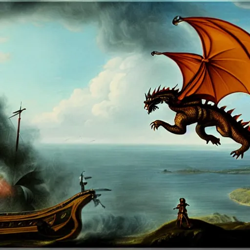 Prompt: historical battle 17th century dragon flying in the background 8k