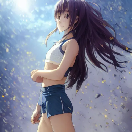 Image similar to a girl is running, sport clothing, anime style, long hair, hair down, symmetrical facial features, from yowamushi pedal, hyper realistic, octane, rule of thirds, extreme detail, detailed drawing, trending pixiv, realistic lighting, by alphonse mucha, greg rutkowski, sharp focus, backlit, high budget show, realistic anatomy