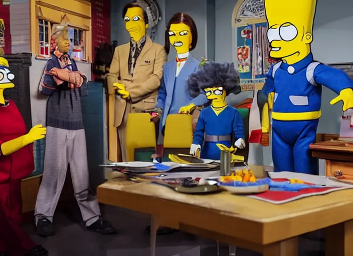 Image similar to still from a live - action tv show in the style of thunderbirds with marionette puppets, starring the characters of the simpsons in springfield. wooden puppets wearing clothing made of fabric. photographic ; realistic ; highly - detailed.