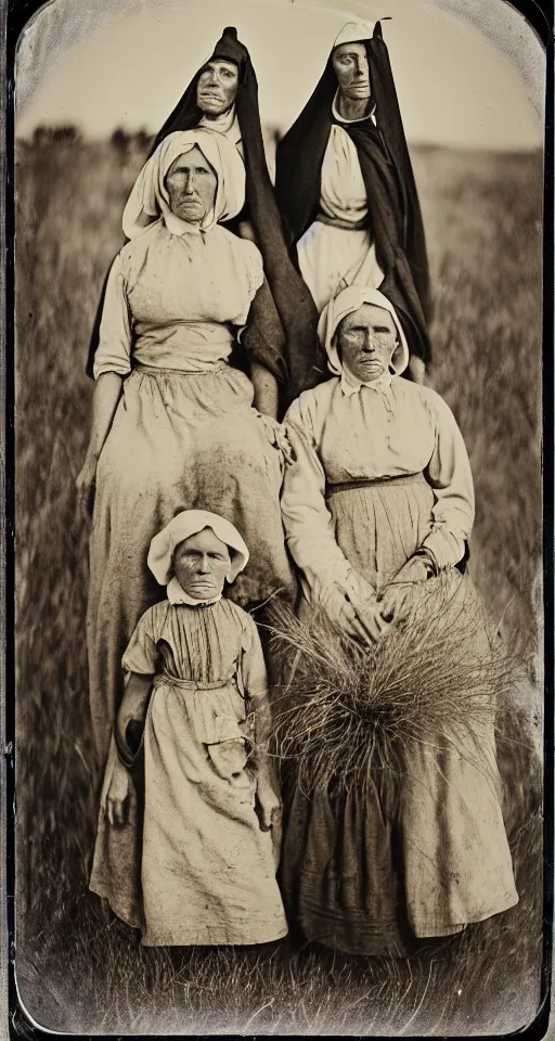 Prompt: wet plate photograph, mormon sister wives living on a dusty prairie ranch, 1850