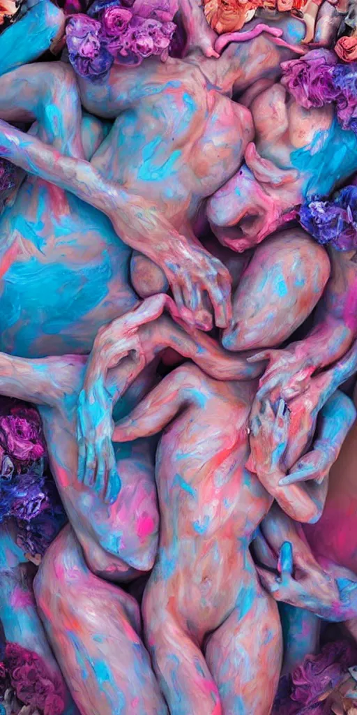 Prompt: closeup photograph of a surrealist sculpture human bodies intertwined, a lovely cornucopia of flowers and human body parts, body parts, paint pour, swirling paint, pink blue and purple color scheme, muted color palette, skin tones, highly detailed, octane render, cinematic