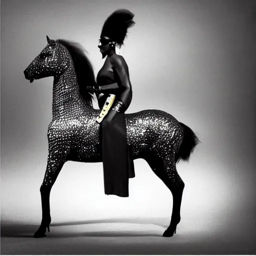 Prompt: grace jones in a diamond horse, concept, artistic, fashion photography