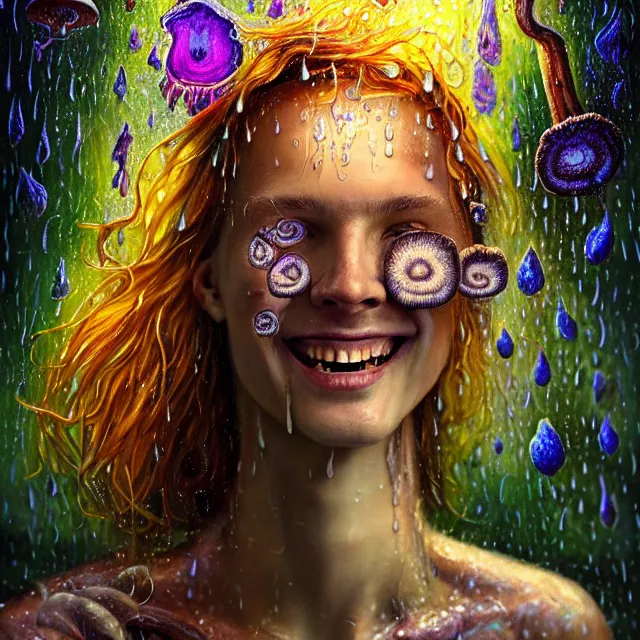 Image similar to bright smiling portrait surrounded by psychedelic mushrooms with rain on face and wet hair, diffuse overhead lighting, fantasy, intricate, elegant, dramatic lighting, highly detailed, lifelike, photorealistic, digital painting, artstation, illustration, concept art, smooth, sharp focus, art by John Collier and Albert Aublet and Krenz Cushart and Artem Demura and Alphonse Mucha