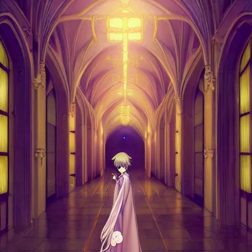 Prompt: angelic girl in intricate clothing walking a cathedralic hallway at night, very high detail, painting, anime, wlop, ilya kuvshinov, artgerm, krenz cushart, greg rutkowski, sana takeda