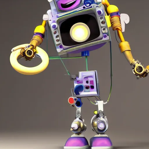 Prompt: a cool mechanic robot chick, with a tv head and gears and bolts everywhere on its body, doing karate moves in the air and swinging an electric guitar, 3 d render by pixar and disney