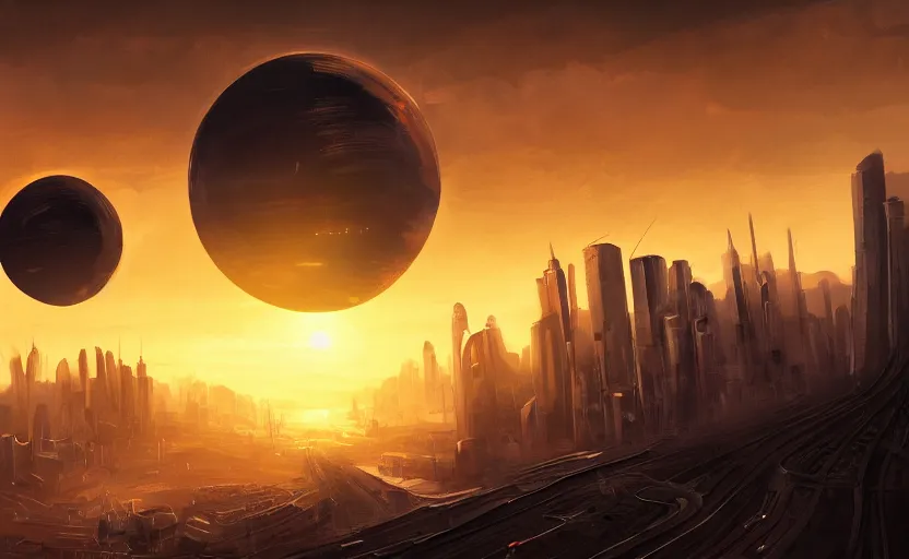 Image similar to digital sci-fi painting of a gigantic black sphere floating over the city, concept art, beautiful sunset lighting, golden hour, 4k trending on artstation