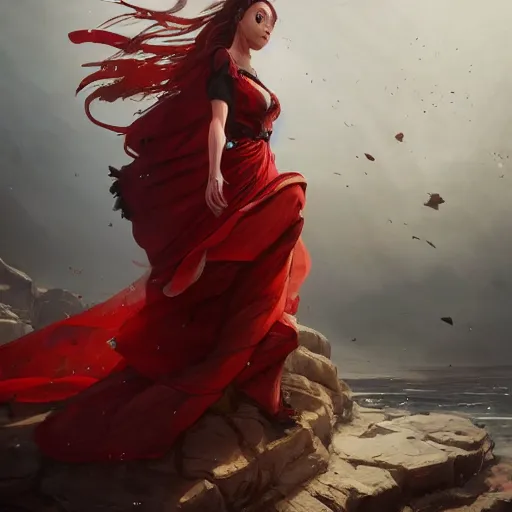 Image similar to a woman with red long dress balancing with wind in a glamor scene, highly detailed, illustration, fantasy art, in the style of greg rutkowski, epic, fantasy, intricate, hyper detailed, artstation, concept art, smooth, sharp focus, ray tracing