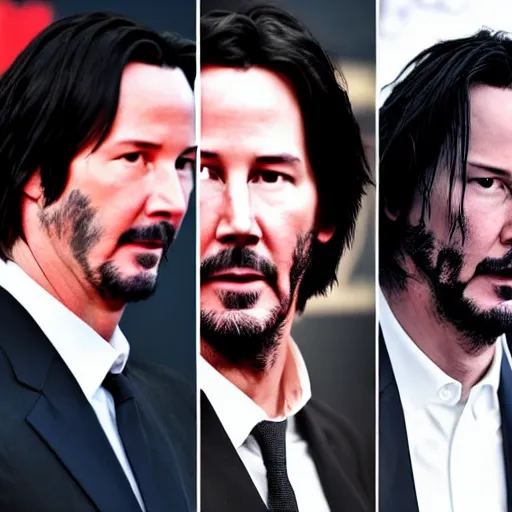 Image similar to several keanu reeves standing next to each other in a row, highly detailed, extremely high quality, hd, 4 k, 8 k, professional photographer, 4 0 mp, lifelike, top - rated, award winning, realistic, detailed lighting, detailed shadows, sharp, no blur, edited, corrected, trending