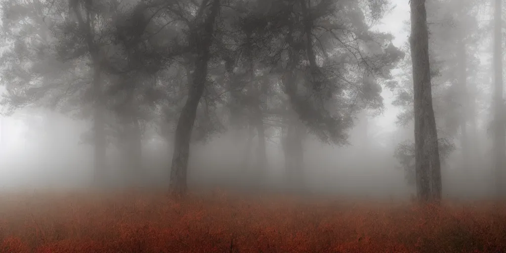 Image similar to ghosts haunting me in the foggy forest, death, clouds, red bloody moon, 8k, ultra realistic