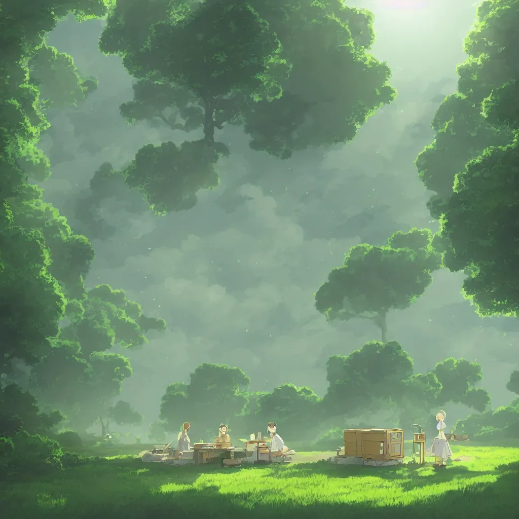 Prompt: zoom of magical first aid kit, in a gentle green dawn light, studio ghibli, clean cel shaded vector art, cinematic lighting, volumetric lighting, smooth, sharp focus, highly detailed, render in unreal engine 5, artstation, deviantart, behance, trending, epic composition, octane, light rays, award - winning