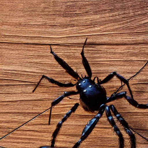 Prompt: a close up shot of a spider attacking a ant on a wooden table, microshot.
