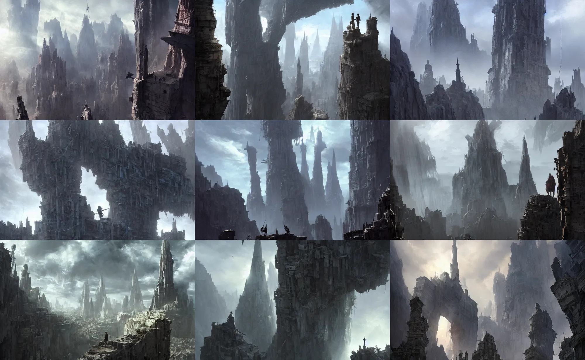 Prompt: the last guardian skinny towers, looking down from giant ancient thin towers poke out of the clouds, spire connected with rope bridge!!, babel, vertigo, huge distance, by craig mullins, by ruan jia!, ( ( dr sues ) ), cold, dramatic lighting