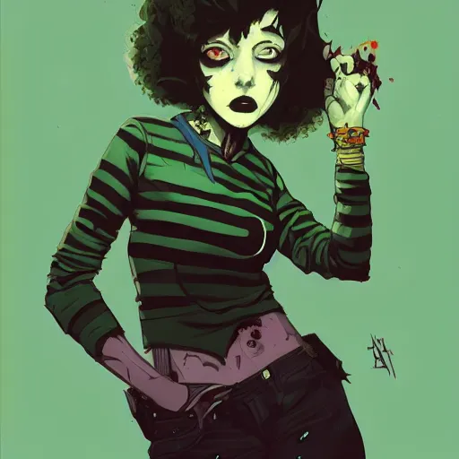 Prompt: Highly detailed portrait of a punk zombie young lady by Atey Ghailan, by Loish, by Bryan Lee O'Malley, by Cliff Chiang, inspired by iZombie, inspired by graphic novel cover art !!!green, brown, black and purple color scheme ((dark blue moody background))