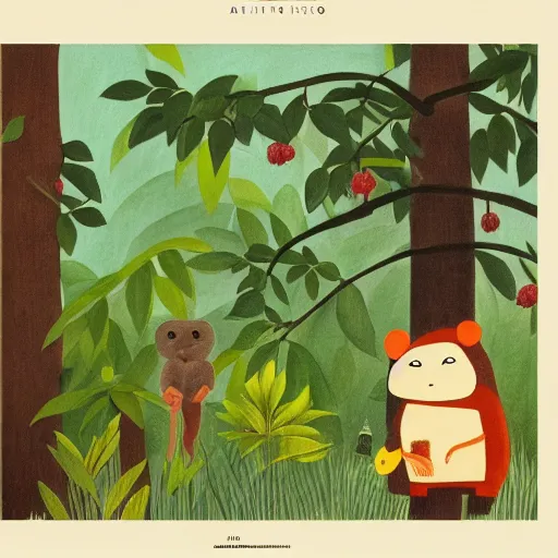 Image similar to a portrait of a minimalist primate in the style of henri rousseau and richard scarry and hiroshi yoshida, cinematic, movie character