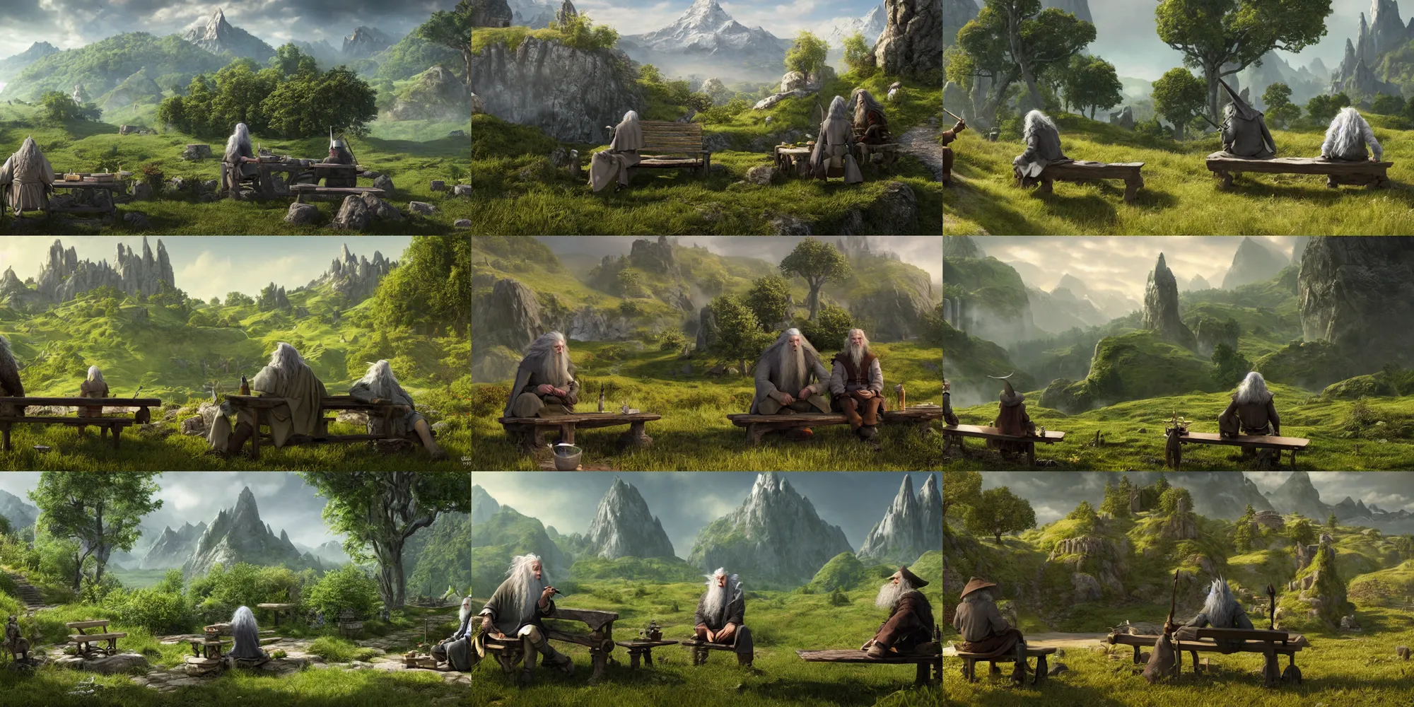 Prompt: a fantasy scene, Big Gandalf gray in the foreground and beside sits small Hobbit on a bench and smokes a pipe. On a sunny day , green hills in the background. Detailed and realistic, 4k, top-artstation, inspired lord of the rings, octane render