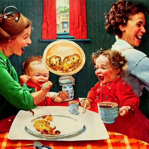 Image similar to hyper realistic hight detailed grandmother with a big mouth eating babies on the table in the russian kitchen, style by norman rockwell, bright colors, 4 k, 1 6 k, 3 2 k