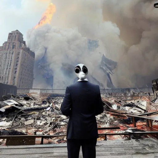 Image similar to man wearing a suit and a goose mask looking at an explosion in new york, ruined buildings, rubble, fire from hands