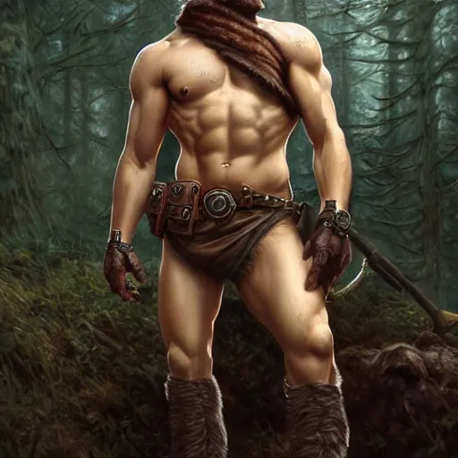 Prompt: Rugged ranger, bleeding, masculine, furs, tanned leather, forest, man, D&D, muscular thighs, fantasy, intricate, elegant, highly detailed, digital painting, artstation, concept art, smooth, sharp focus, illustration, art by artgerm and greg rutkowski and alphonse mucha