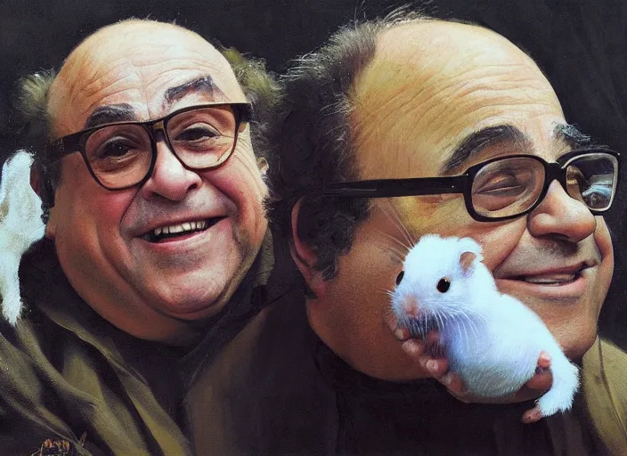 Prompt: a highly detailed beautiful portrait of danny devito with a hamster, by gregory manchess, james gurney, james jean