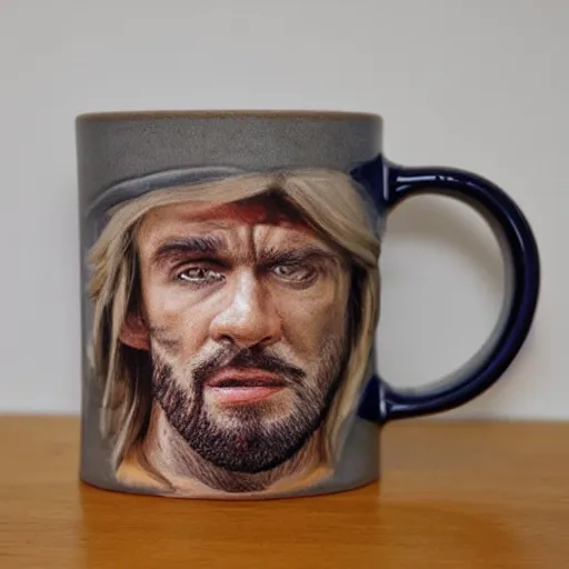 Image similar to a mug of an ugly mug on a mug, photorealistic,