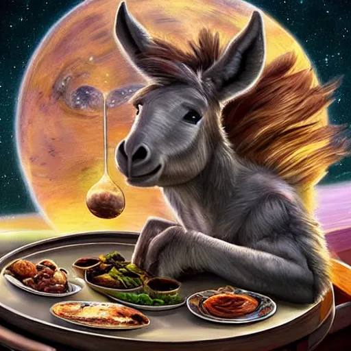 Image similar to ultrarealistic, ultradetailed, donkey eating breakfast, sitting on a futuristic table with aliens, at the end of the universe, very very very ultradetailed, epic fantasy style art, fantasy epic digital art, epic fantasy art, hearthstone style art