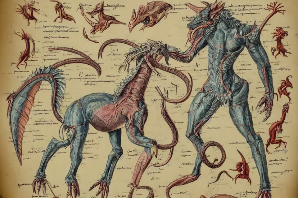 Prompt: Vintage, detailed, colored sketch of mythical creature anatomy, full body, with full descriptions, on parchment.