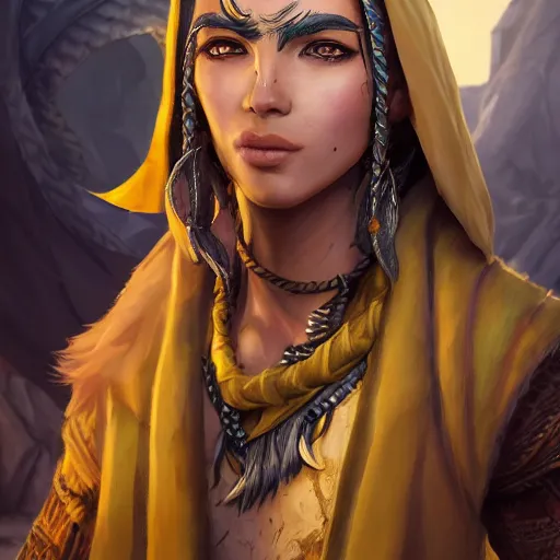 Prompt: portrait of young wild arabian nomad half wolf, with yellow cloths, league of legends splash art, hearthstone splash art, full body shot, rule of thirds, ultrafine hyperrealistic detailed face, artgerm, greg rutkowski, trending on artstation, 8 k, intricately detailed, highly detailed