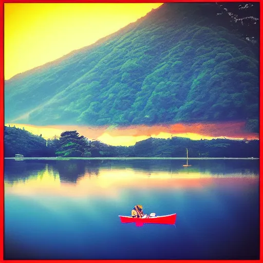 Image similar to moutain, boat on a lake, japan, sky lanterns, enya, beauty, dreamlike, artstation