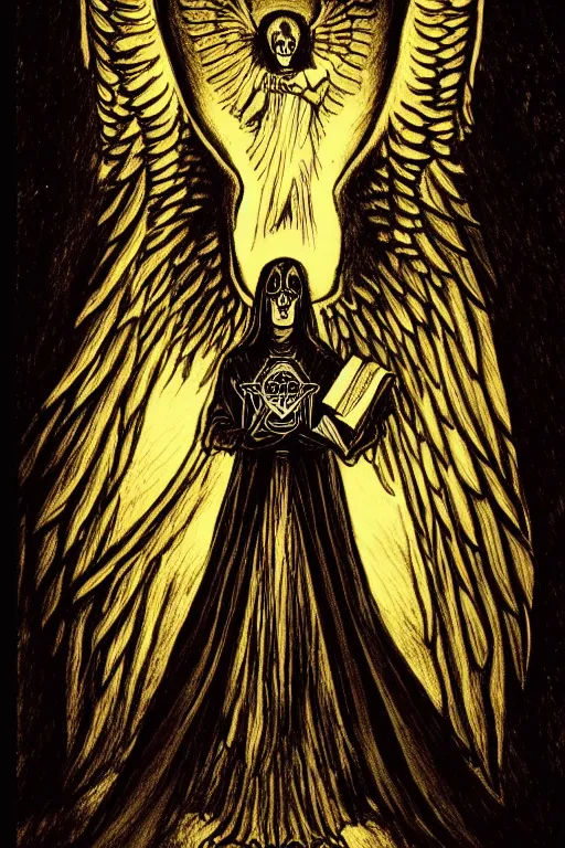 Image similar to dark angel holding a book of necronomicon, tarot card, illustration by aleister crowley, symmetrical, cinematic, sharp focus, 4 k, ultra hd, sense of awe, sinister demonic atmosphere, dreadful, forbidden knowledge, old gods. demonology