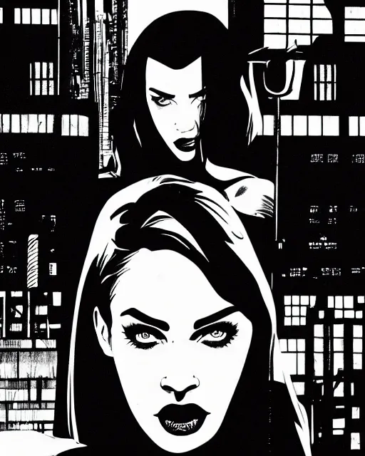 Image similar to film still from sin city, portrait of megan fox private detective standing on a blade runner street corner, detailed illustration, digital art, trending on artstation, frank miller, martin ansin, comic book cover, film noir,