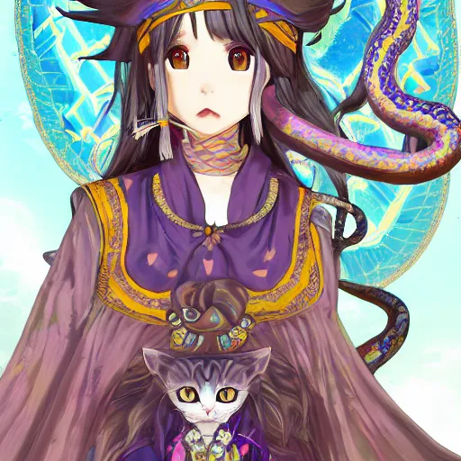 Prompt: kawaii girl cat with snakes for hair wearing high priestess robes in the style of anime, francisco garces and dibujante nocturno and ida outhwaite, fantasy, unreal engine, cinematic, smooth, sharp focus, trending on artstation, ultra realistic, extremely detailed, 8 k