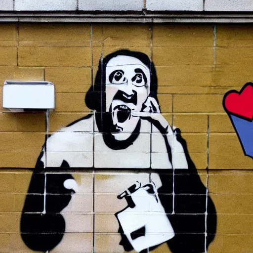 Image similar to a banksy style street art of a physician screaming at a computer