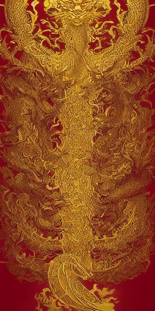 Prompt: golden paper + an intricate dragon depiction + symmetry + elaborate red illustration by makoto shinkai, wu daozi, very detailed, deviantart, 8 k vertical wallpaper, tropical, colorful, airy, anime illustration, anime nature wallpap