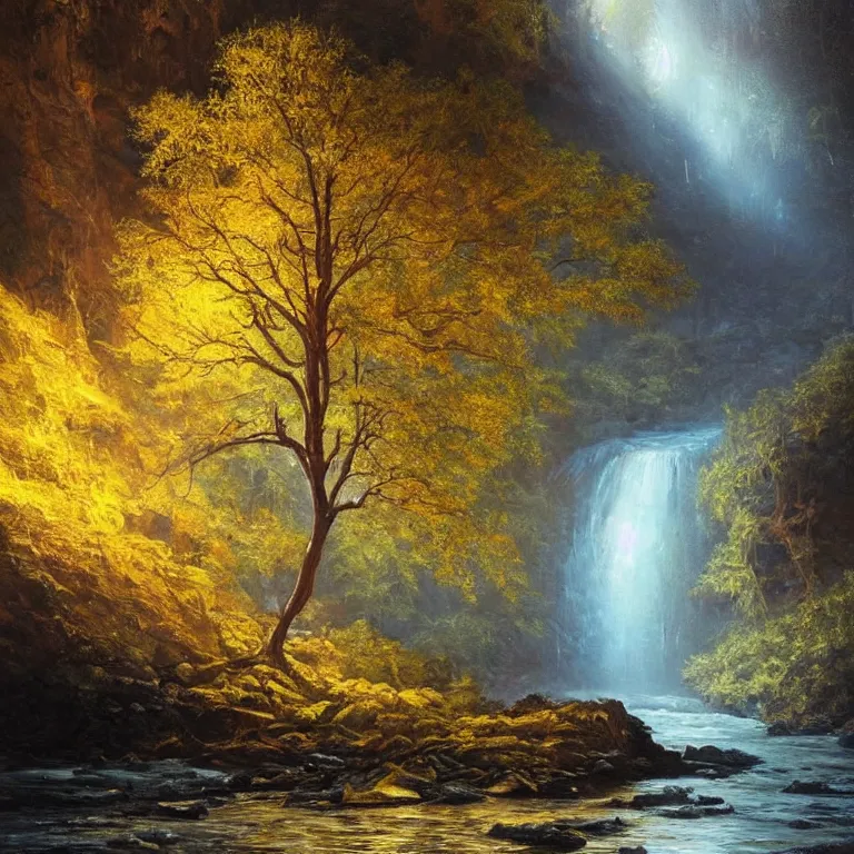 Image similar to A beautiful, highly detailed, very realistic oil painting of a single tree with rainbow leaves, next to a small river, glowing bright blue in the middle of a huge, very dark cave, with lots of dark grey rocks, oil painting by Greg Rutkowski, golden color scheme.