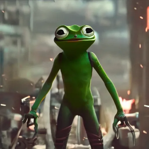 Prompt: pepe the frog, standing, hero pose,, wanda, ultron, film still