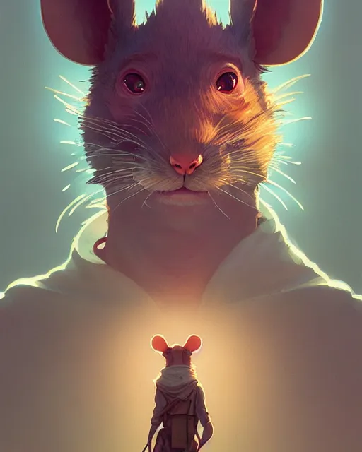 Image similar to highly detailed vfx portrait of a rat, unreal engine, greg rutkowski, loish, rhads, beeple, makoto shinkai and lois van baarle, ilya kuvshinov, rossdraws, tom bagshaw, alphonse mucha, global illumination, detailed and intricate environment