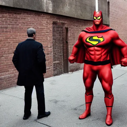 Image similar to man standing in the alley with a trenchcoat, the man has a superhero physique