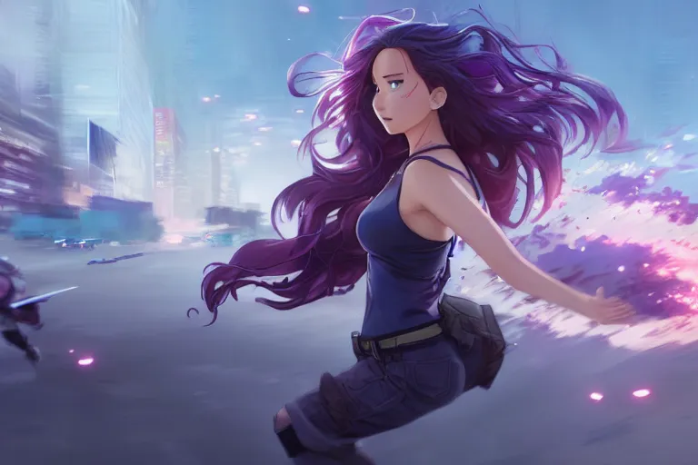 Image similar to A wide-angle anime still of Jennifer Lawrence with long purple hair running through urban battlefield by Stanley Artgerm Lau, WLOP, Rossdraws, James Jean, Andrei Riabovitchev, Marc Simonetti, and Sakimichan, trending on artstation