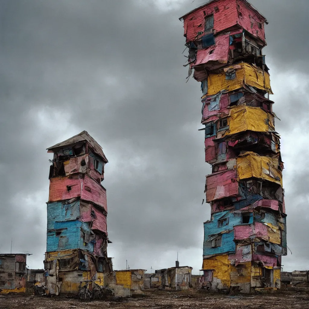 Image similar to close - up view of a tower made up of colourful makeshift squatter shacks, bleached colours, moody cloudy sky, dystopia, mamiya, f 1 1, very detailed, photographed by bruno barbey