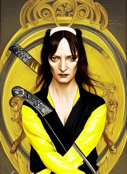 Image similar to uma thurman in kill bill, rococo and art nouveau fusion, swinging reflective katana, yellow jumpsuit with black stripe, highly detailed, deep focus, elegant, digital painting, smooth, sharp focus, illustration, ultra realistic, japanese art by artgerm and alphonse mucha