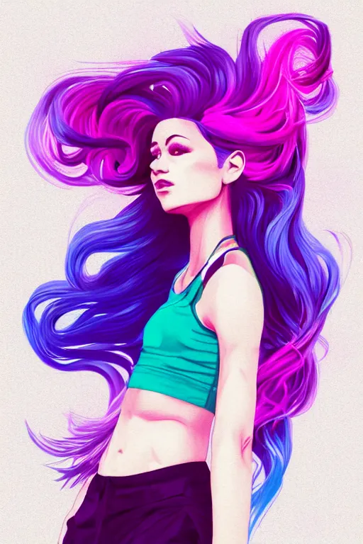 Image similar to a award winning half body porttrait of a beautiful woman in a croptop and cargo pants with ombre purple pink teal hairstyle with head in motion and hair flying, outrun, vaporware, shaded flat illustration, digital art, trending on artstation, highly detailed, fine detail, intricate