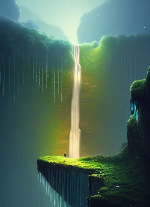 Prompt: Gediminas Pranckevicius a long capture photo of a magical waterfall, high cliff, night, stars in the sky cinematic lighting, insanely detailed, intricate, artstation, cgsociety, painted by Simon Stalenhag, concept art, illustration, sharp focus,
