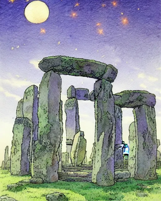 Image similar to a hyperrealist studio ghibli watercolor fantasy concept art. in the foreground is a giant grey octopus building and putting stones in to place on top of stonehenge with a starry sky. by rebecca guay, michael kaluta, charles vess