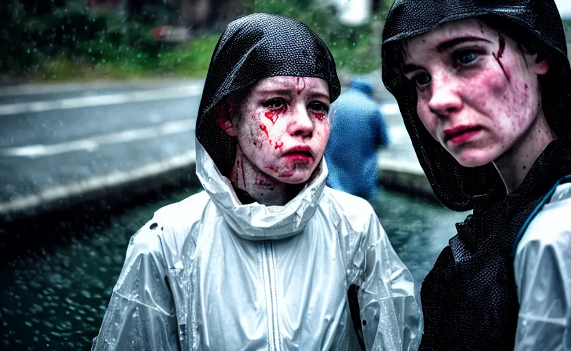 Image similar to cinestill 5 0 d candid photographic portrait by helen levitt of two cyborgs wearing rugged white mesh techwear in treacherous waters, extreme closeup, modern cyberpunk moody depressing cinematic, pouring rain, 8 k, hd, high resolution, 3 5 mm, f / 3 2, ultra realistic faces, ex machina