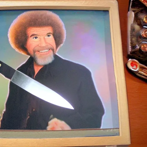 Prompt: bob ross with a knife, 8k