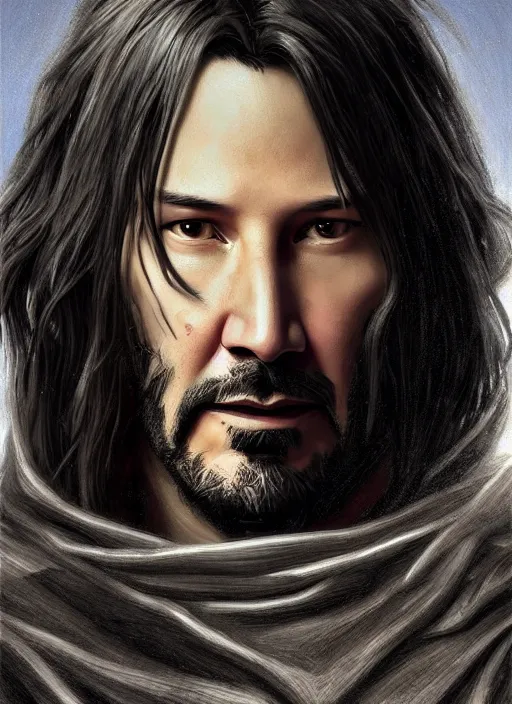 Image similar to Portrait of Keanu Reeves, silver long hair, cloak, male, fantasy, extremely detailed, digital painting, artstation, concept art, smooth, sharp focus, illustration, stunning lighting, art by artgerm and greg rutkowski and alphonse mucha and simon stalenhag, realistic character concept, low fantasy, light atmosphere, golden ratio, cinematic lighting, hyperdetailed, high resolution, insanely detailed and intricate, artstation, Marc Simonetti, Greg Rutkowski, 8k