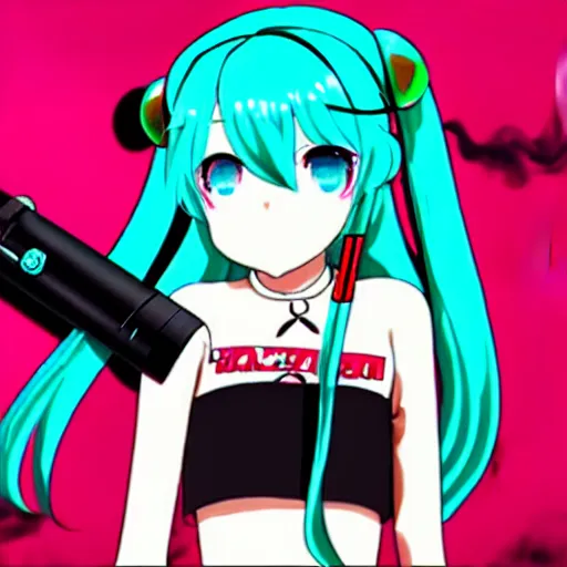 Image similar to hatsune miku high on weed with bloodshot eyes smoking with a vape pen.