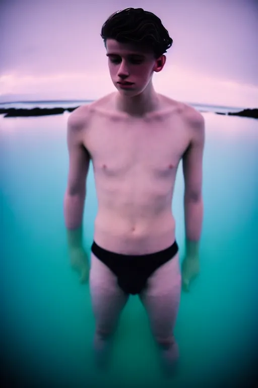 Prompt: high quality pastel coloured film mid angle docu photograph of a beautiful young 2 0 year old male, soft features, short black hair, falling, jumping in an icelandic black rock pool environment. atmospheric. three point light. photographic. art directed. ( pastel colours ). volumetric light. clearcoat. waves glitch. 8 k. filmic.