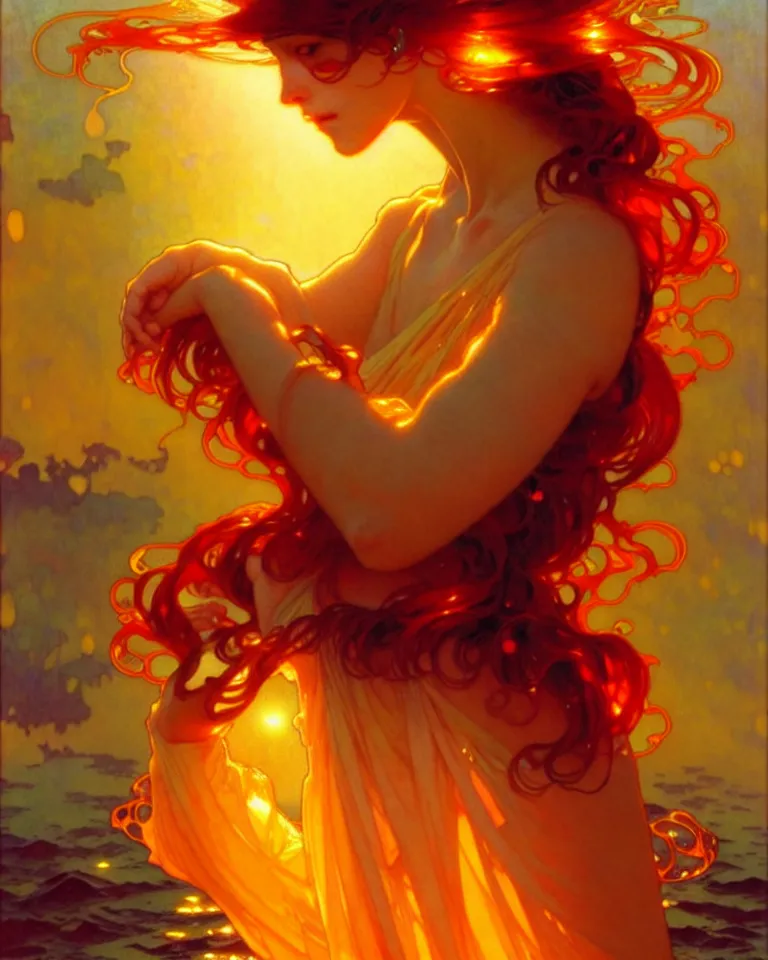 Image similar to sea of glossy liquid honey drops flowing like translucent amber, backlit, sunset, refracted lighting, art by collier, albert aublet, krenz cushart, artem demura, alphonse mucha