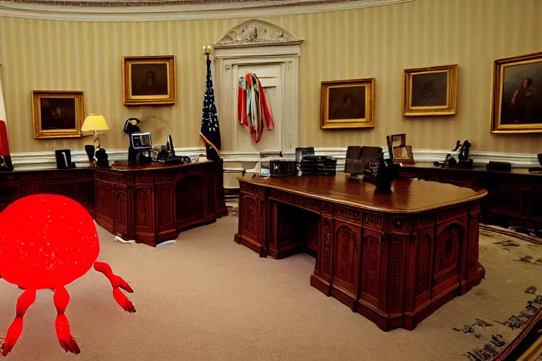 Image similar to giant crab attacking the oval office, in 2 0 1 2, bathed in the the glow of a crt television, low - light photograph, photography by tyler mitchell